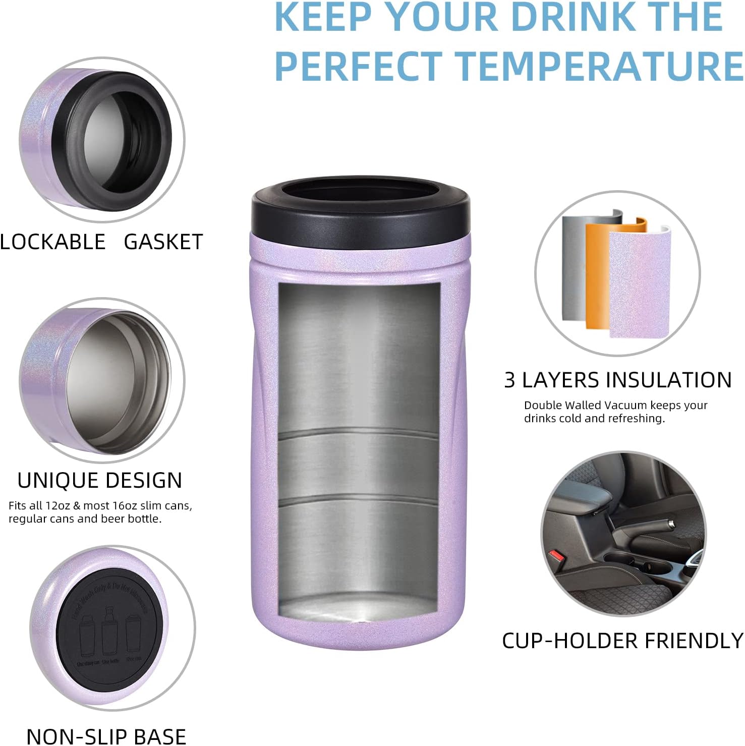 COKTIK 4 in 1 Insulated Can Cooler, 4 Pack Double Wall Slim Can Cooler Set for 12 oz Regular or Slim Cans & Beer Bottle (Purple Shimmer) - Image 4