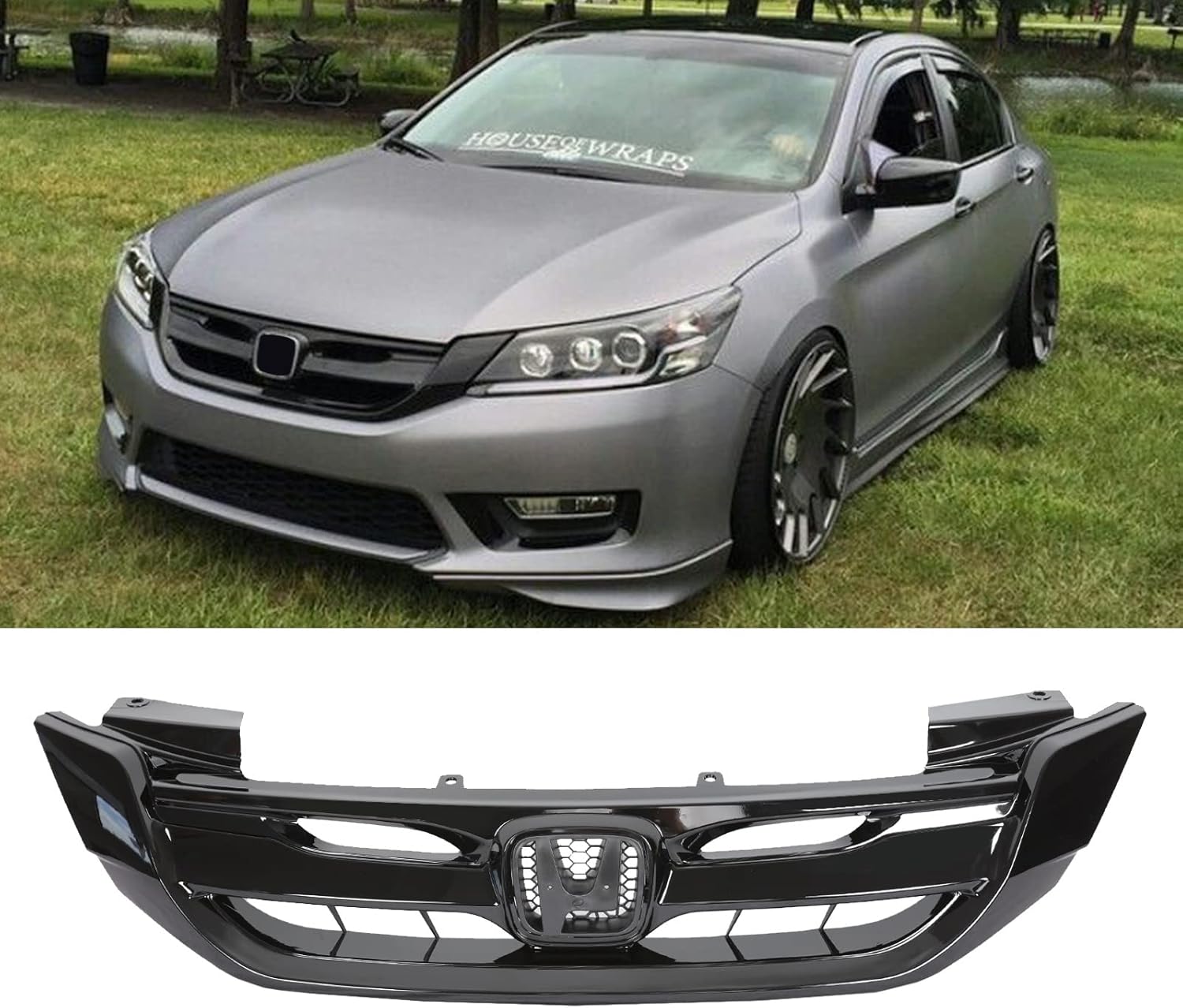 PENSUN JDM Mod Style Front Bumper Hood Grille Fits for Honda Accord 4 Door 2013 2014 2015 / Gloss Black