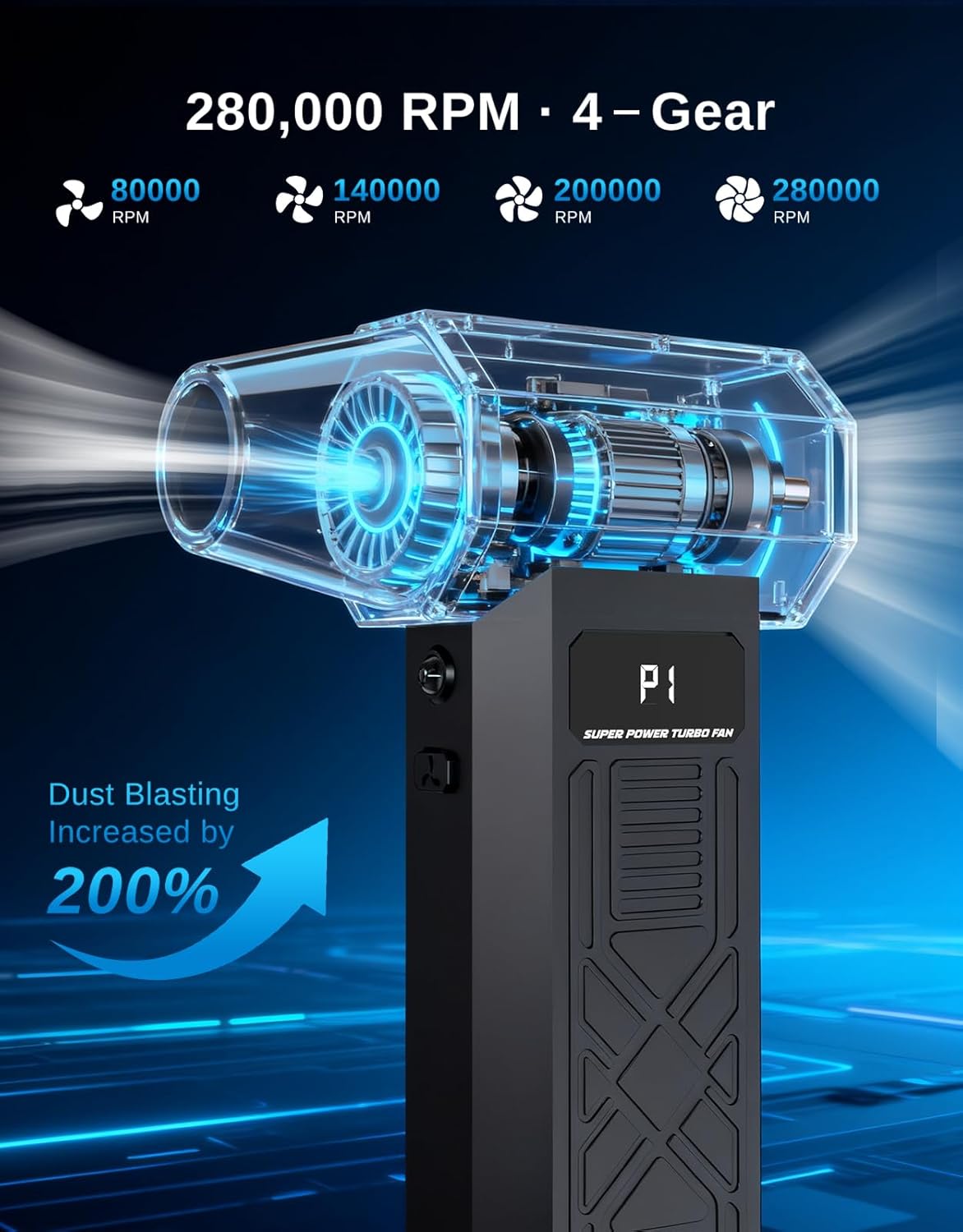 Compressed Air Duster - Rechargeable Electric Air Blower for Keyboard,Camera,PC Vents,Car Interiors & Home,Outdoor Dusting - 280,000 RPM,5 Nozzles,4 Speeds,Fast Charging