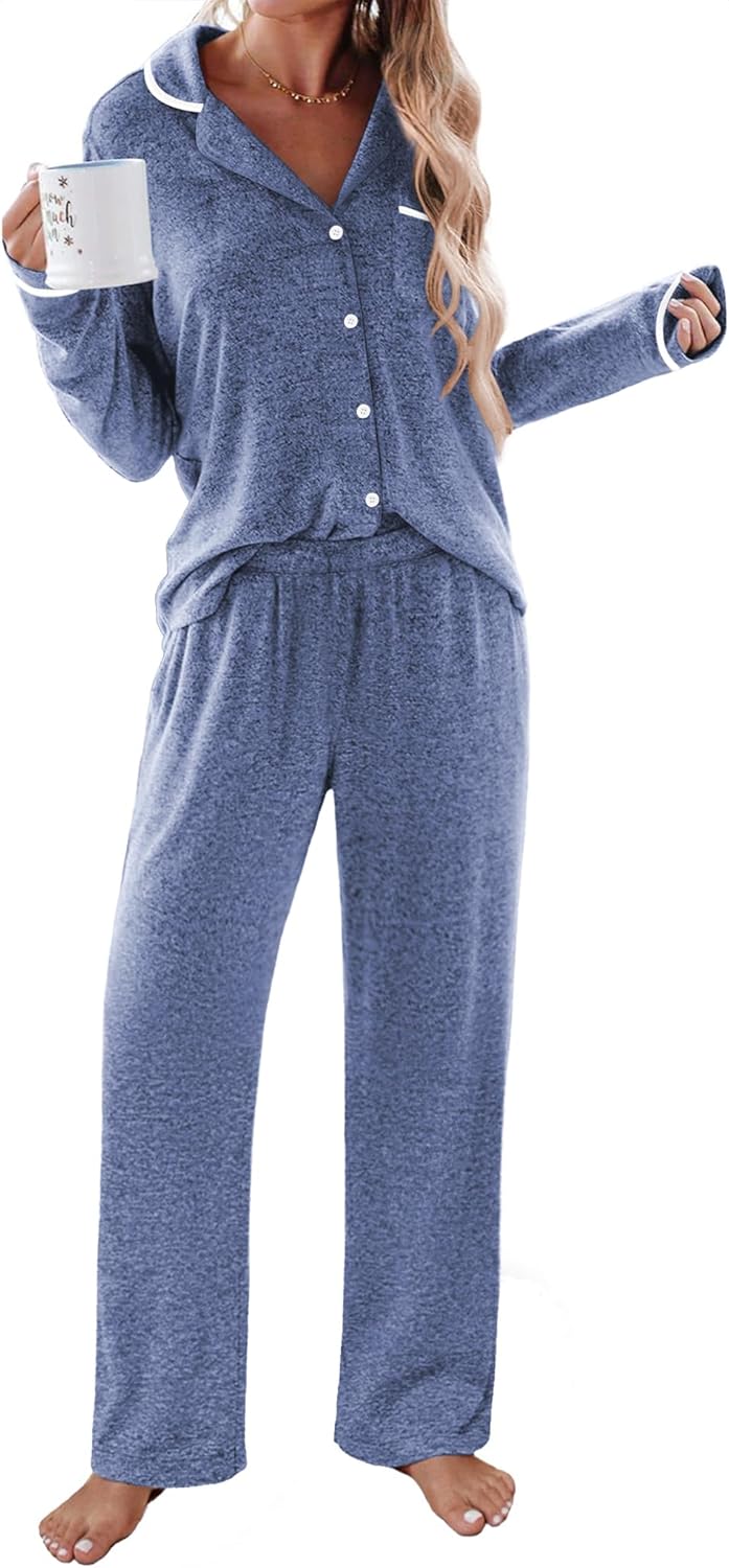 Ekouaer Women's Pajama Sets Long Sleeve Button Down 2 Piece Pjs Soft Lounge Sets Notch Collar Sleepwear