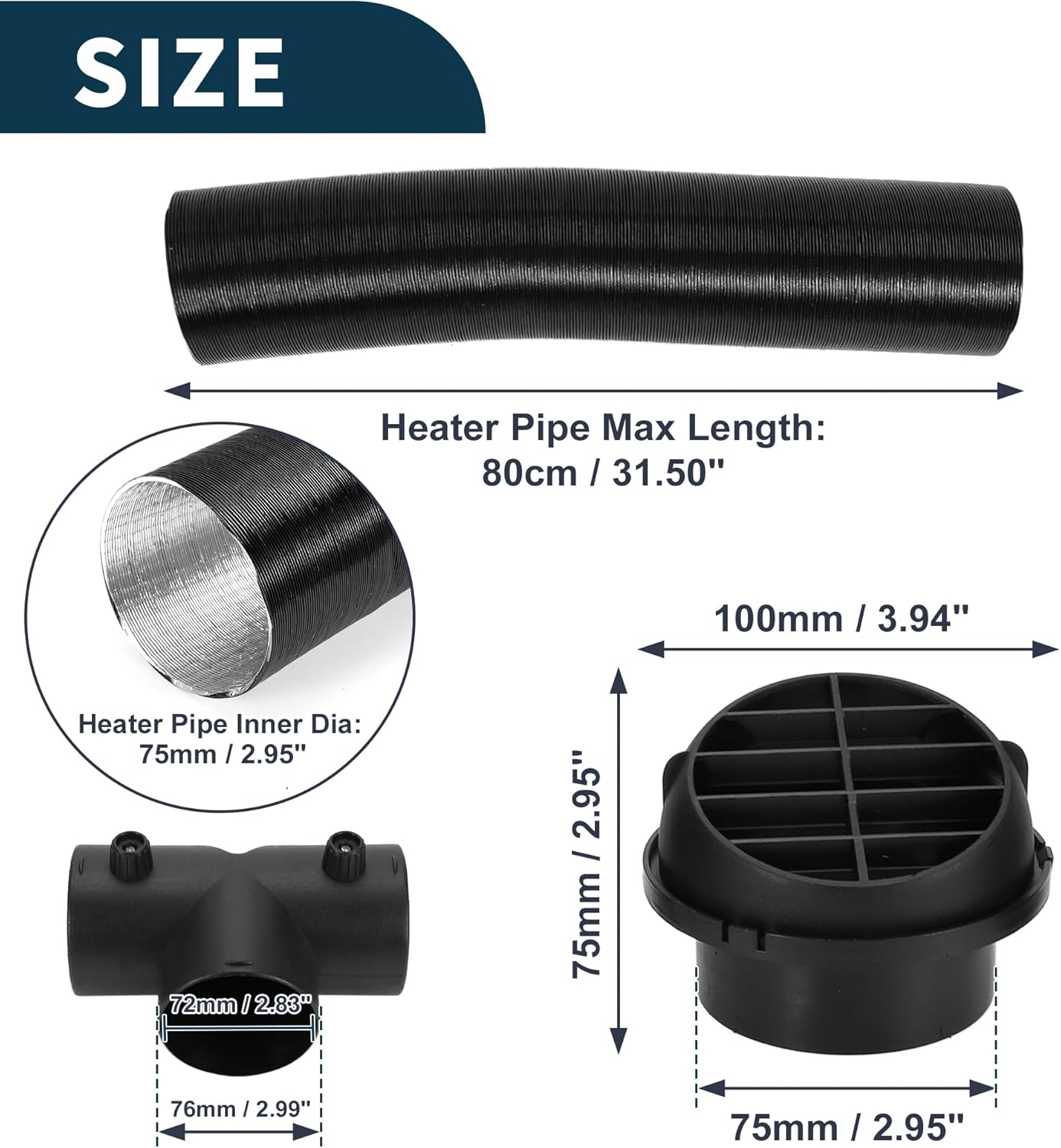 Car Heater Duct Kit Car Heater Duct Pipe Hose Set with Round Air Vent Outlet Cover Double Valve t Pipe Connector Clamp 75mm ID 80cm Max l