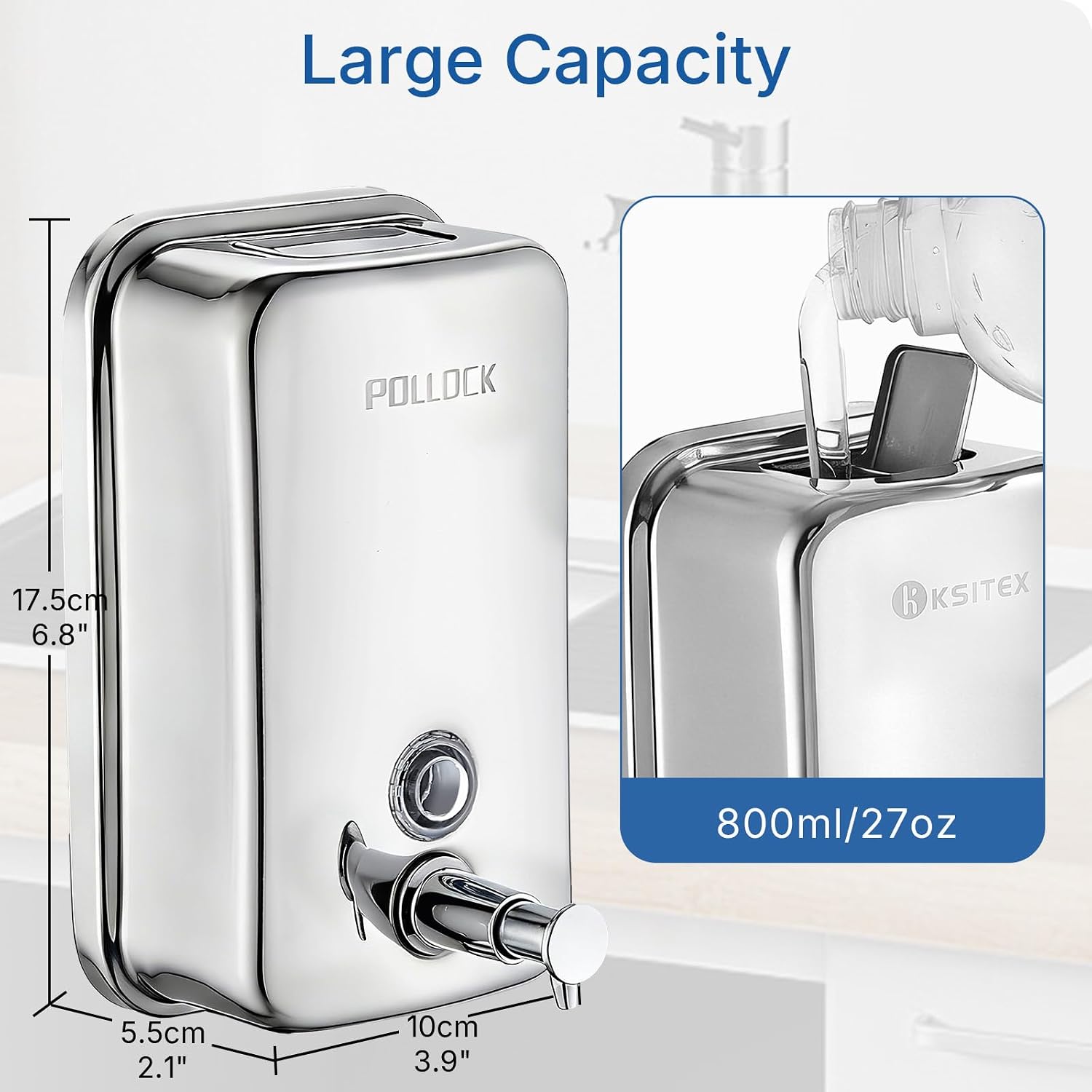 Pollock Commercial Soap Dispenser Wall Mounted 27oz,SUS304 Stainless Steel