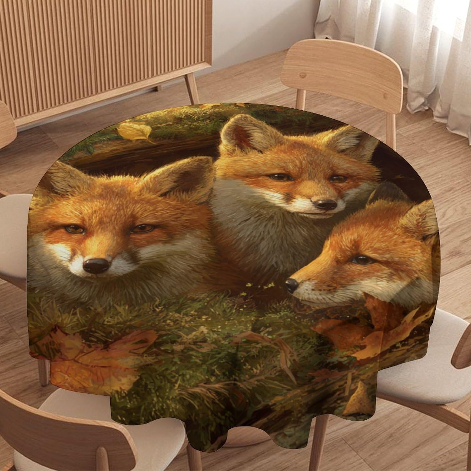 LUYYSKY Rustic Funny Fox Waterproof Round Tablecloth Retro Watercolor Natural Autumn Woodland Maple Leaves Animals Foxes Washable Table Cover for Kitchen-127 Wx127 L cm