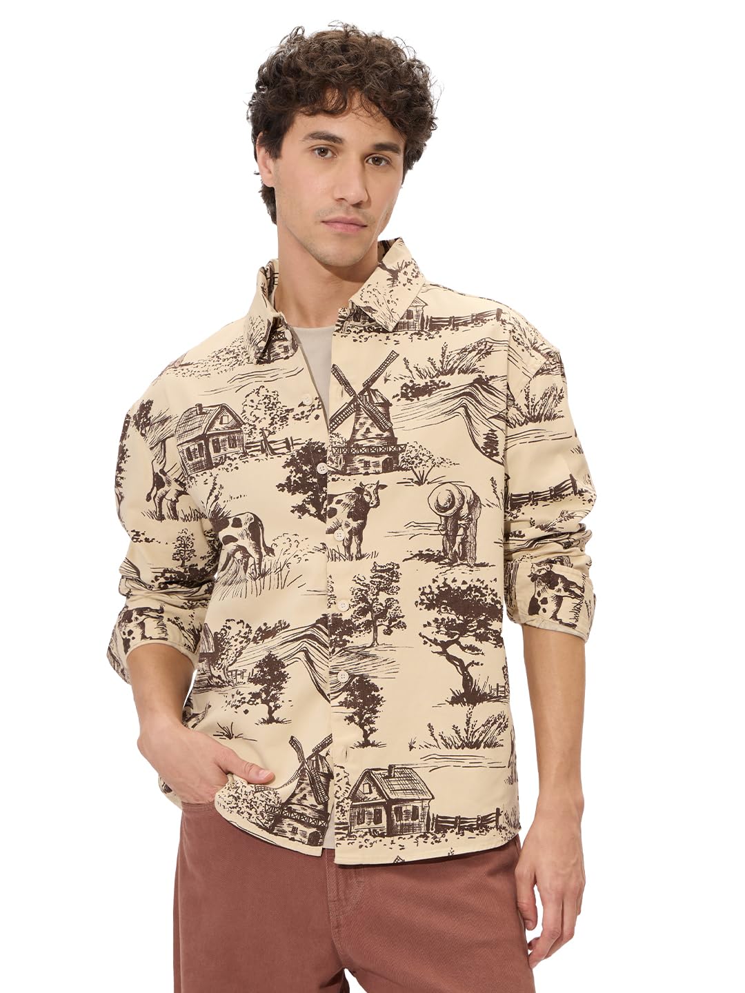 the souled store Rolling Hills Men and Boys Long Sleeves Collared Neck Button Front Beige and Brown All Over Printed Cotton Shackets-picture-19