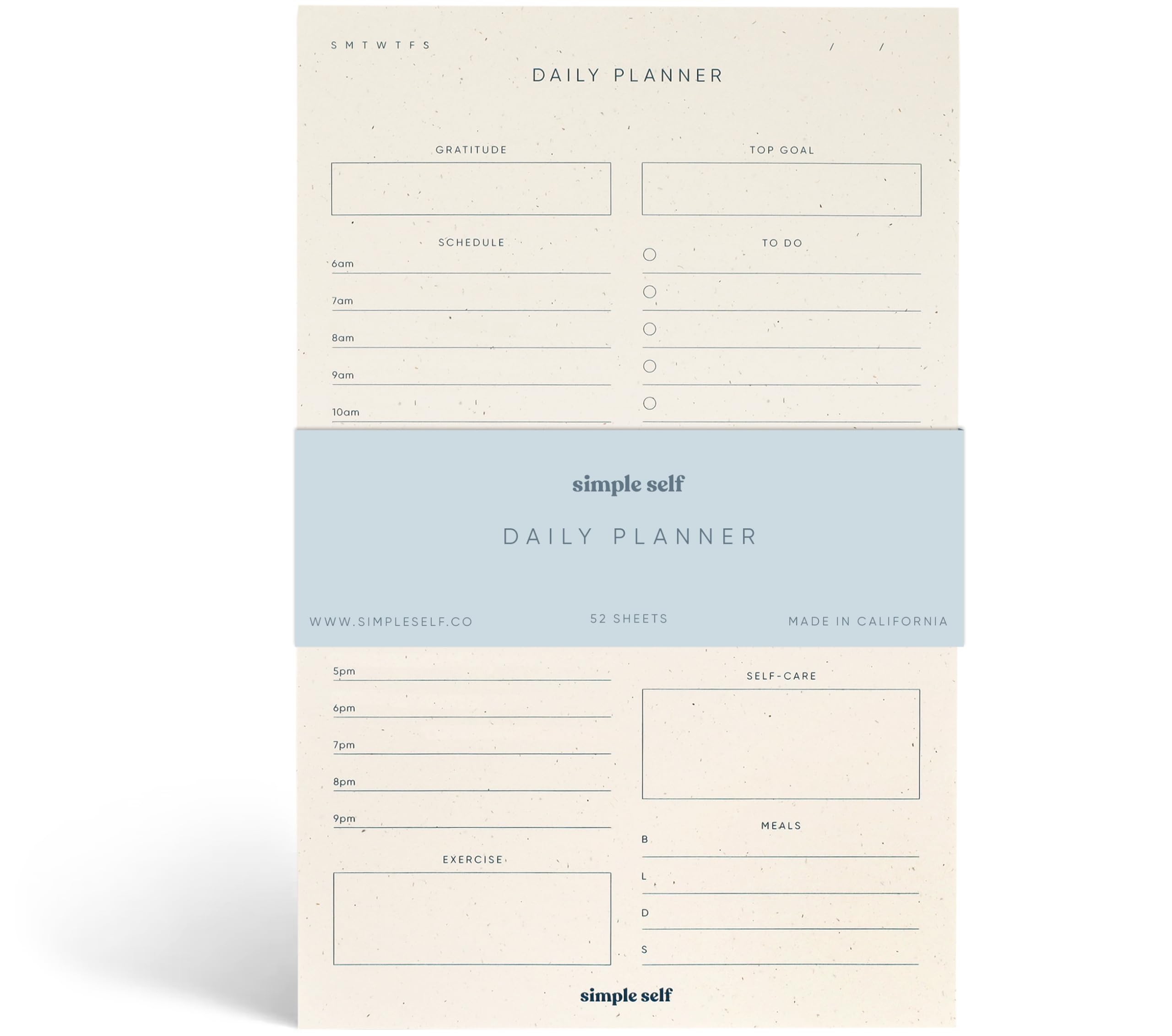 Simple Self - Bloc de notas diario por hora con lista de tareas, comidas, ejercicio, gratitud y cuidado personal, bloc de notas estético minimalista, 52 hojas