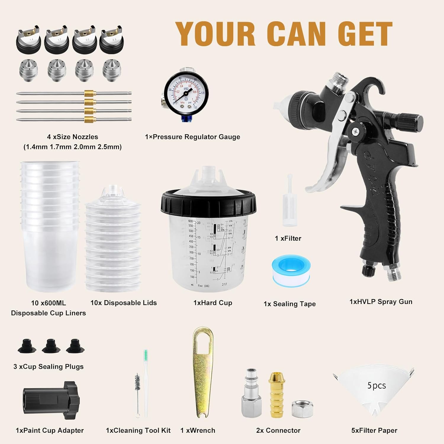 HVLP Spray Gun with 650ml Mixing Cup& 10x Disposable Cups, 1.4/1.7/2.0/2.5mm Nozzles, Automotive Gravity Feed Paint Spray Gun Kit with Air Compressor Regulator for Cars, Furniture, Fence, DIY