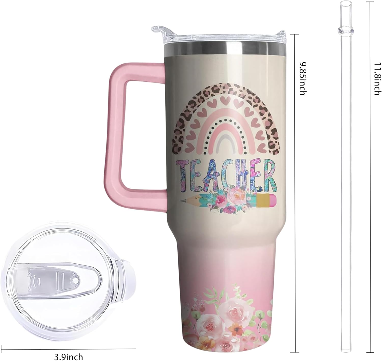 40oz Teacher Tumbler with Handle and Straw, Appreciation Insulated Stainless Steel Cup, Birthday Travel Coffee Mug Water Bottle, Teachers Day Gifts for Women Men - Image 2