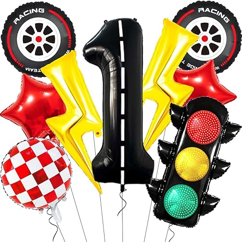 Miniatura 11 de Juego de globos de auto de carreras, globo de rayo con rayo, globo de aluminio a cuadros rojos y blancos, globos de 40 pulgadas, globos de circuito