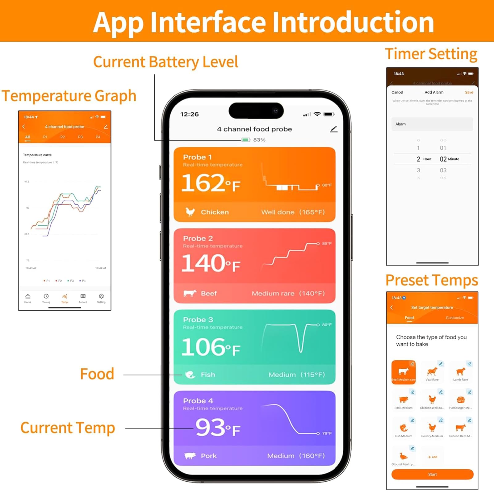 Termómetros de cocina de cuatro sondas, conexión preestablecida, rango de temperatura, pantalla digital para uso en interiores y exteriores, termómetros digitales para barbacoa con pantalla