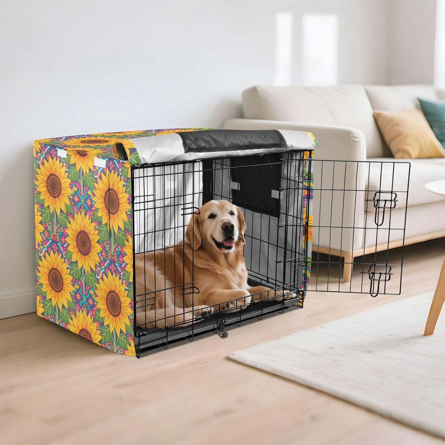 Vibrant Sunflowers Dog Crate Cover 600D Oxford Pet Kennel Cover with Mesh Window for Dog Cages, Windproof Waterproof Machine Washable, 42"x28"x30"