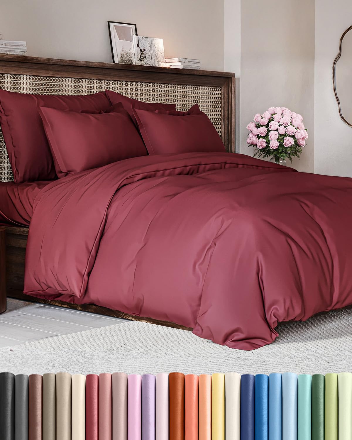duvet cover queen size - extra soft queen size duvet cover - lightweight & breathable - easy care & fade free with zipper closures and ties - 90" x 90" inches - (burgundy) comforter not included
