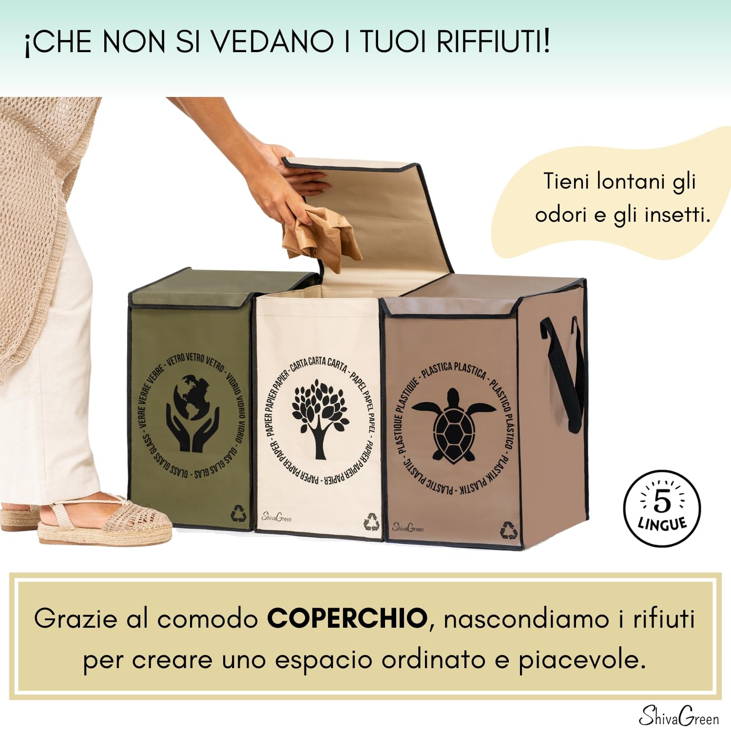 Borse Raccolta Differenziata Interno Esterno con Coperchio, Cestini Spazzatura Differenziata, Plastica, Carta, Vetro
