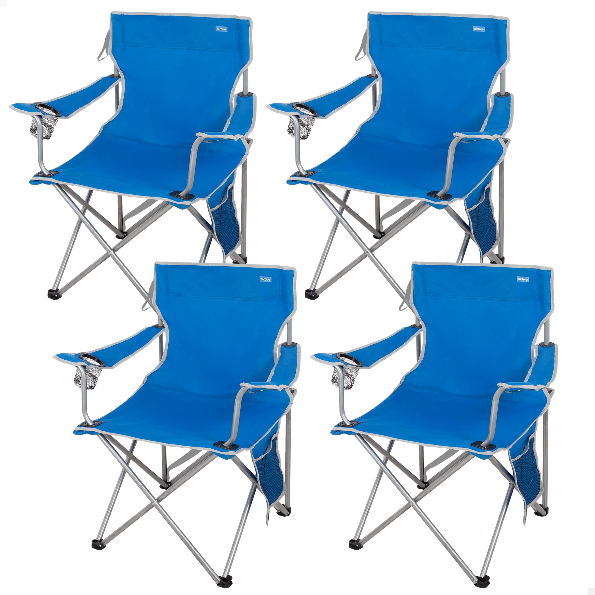 AKTIVE Pack 4 sillas Camping, 47x46x80 cm, Azul, Soporta 110 kg, Asiento Alto 40 cm, Posavasos y Bolsillos, Antivuelco, Asa Transporte Lateral, Plegado Compacto, Sin Tubo Delantero (85565)