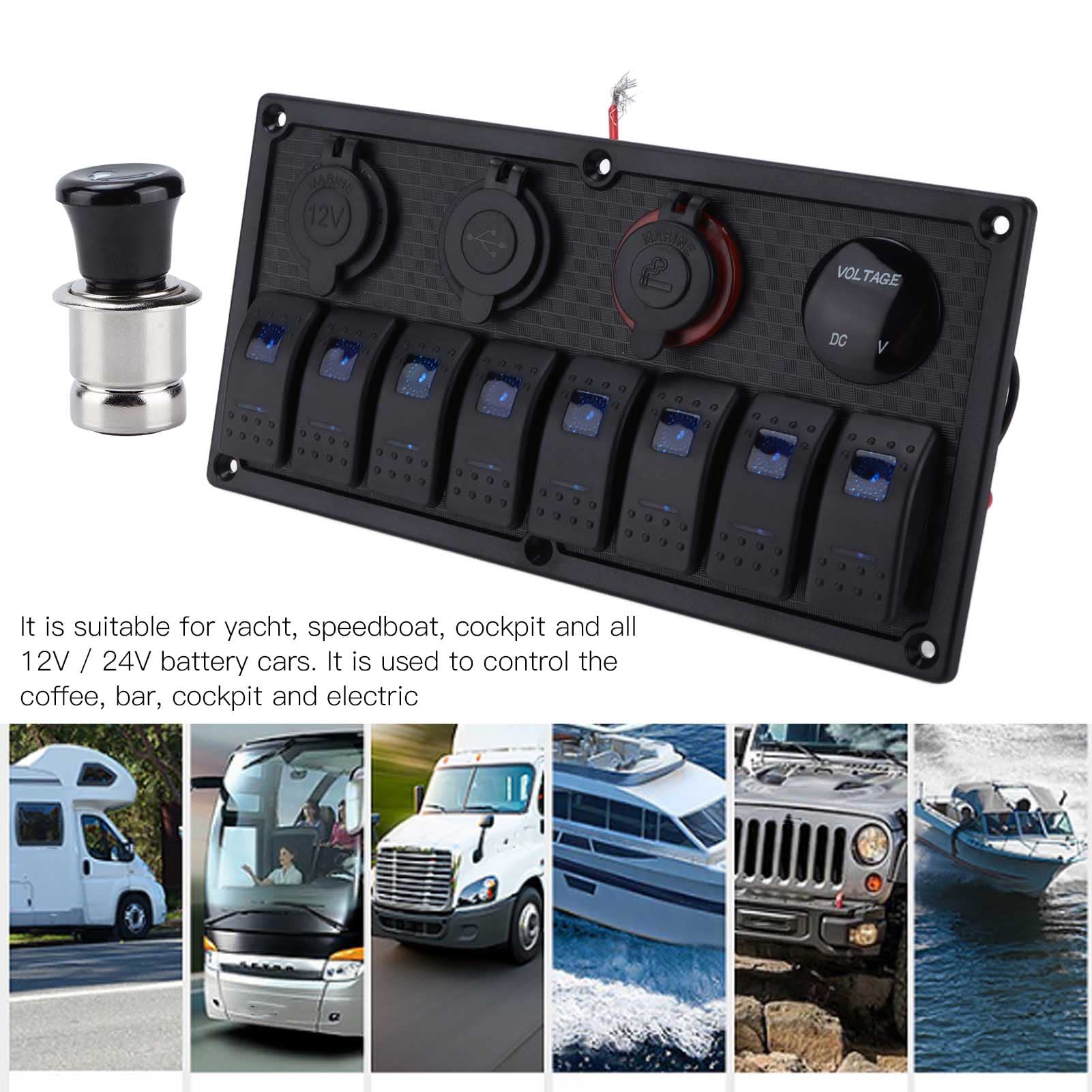 Pannello interruttore a bilanciere nero a 8 gang, interruttore a levetta impermeabile con retroilluminazione a LED per barche e auto 12V 24V, pannello interruttori con classific