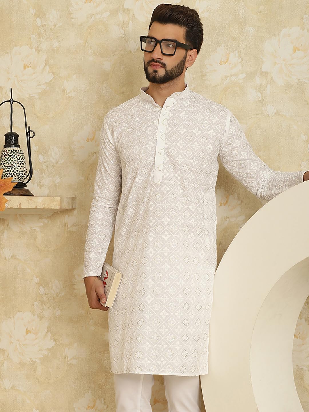 Sojanya (Since 1958 Men's Cotton Embroidered With Gold Seqence White Color Only Long KurtaSize-38
