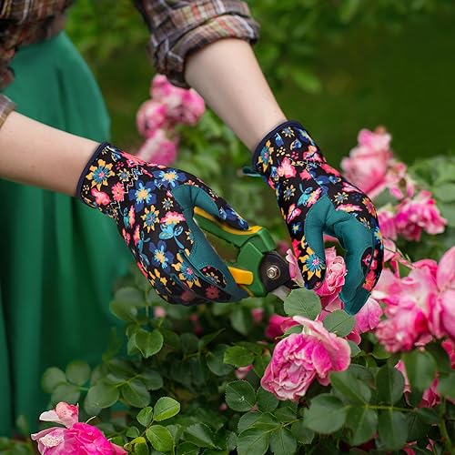 Miniatura 4 de Bamllum Guantes de cuero para jardinería para mujer, guantes de trabajo para deshierbe, excavación, plantación, rastrillo y poda