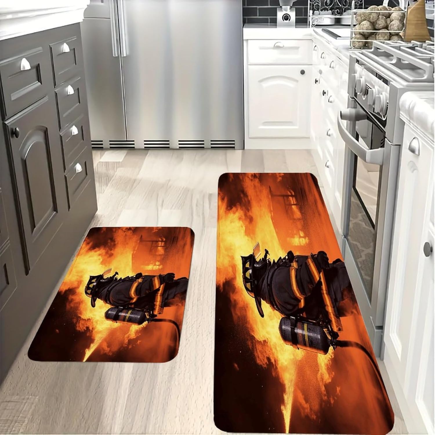 Firefighter Fireman Flame Kitchen Mat Washable Non Slip Rugs Soft Kitchen Mats for Floor Set of 2 PCS Cushioned Absorbent Runner Standing Rugs for Home Sink Laundry Office