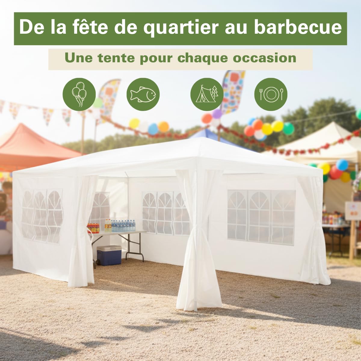 Kinzo Tonelle de Jardin 3x6 m - Tente pour 70 Personnes - Pavillon avec 6 Parois Latéraleset et Hauteur au Faîte de 2,5 m - Étanche et Résistante aux UV - Blanc