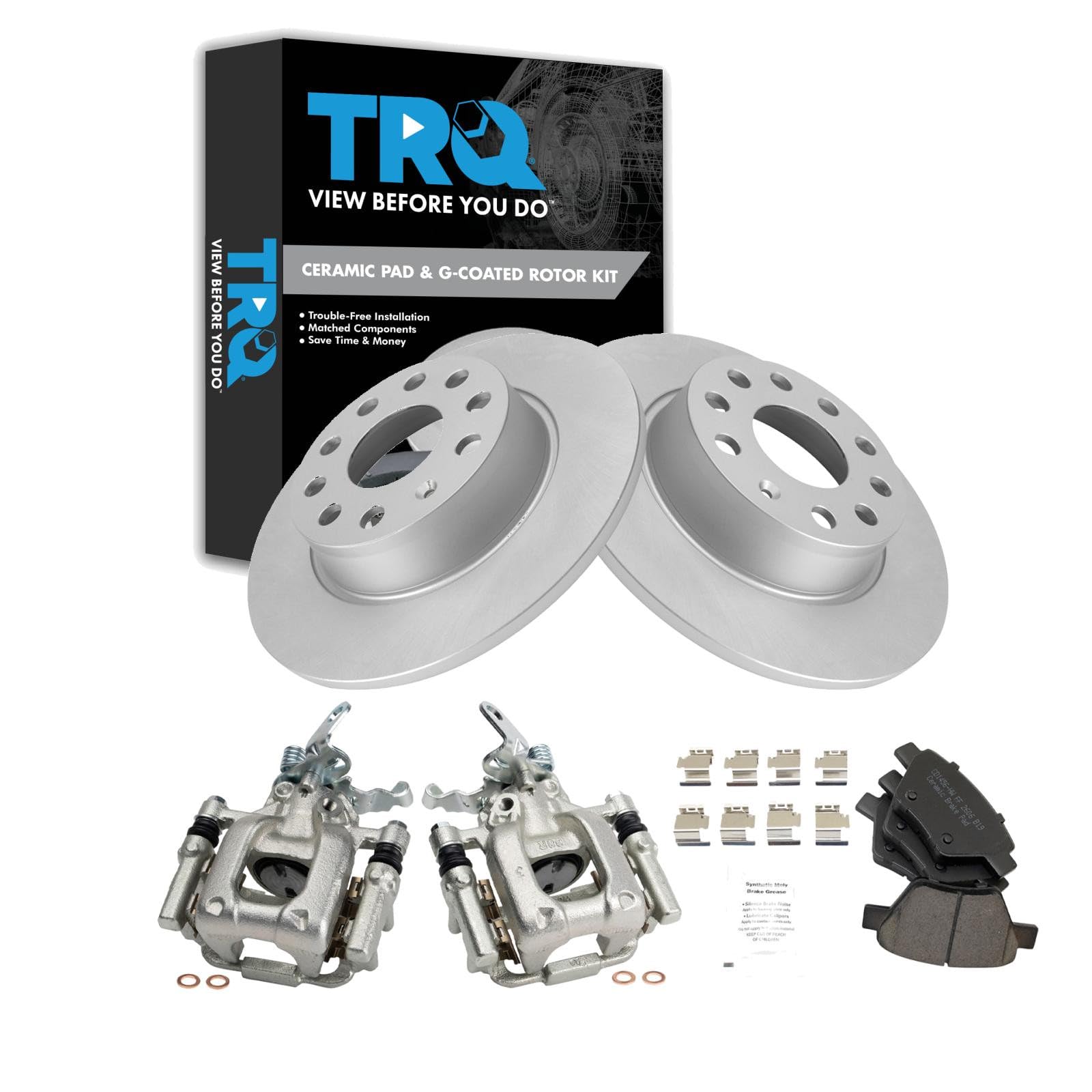 TRQ Rear Brake Pad and Rotor Set Ceramic G Coated Solid Rotors Calipers