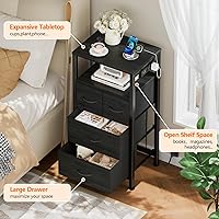Vista 4 de Furnulem Tall Night Stand with Charging Station and Led Light, Small Dresser with Open Shelf and 4 Storage Drawers, Black Side Table Fabric