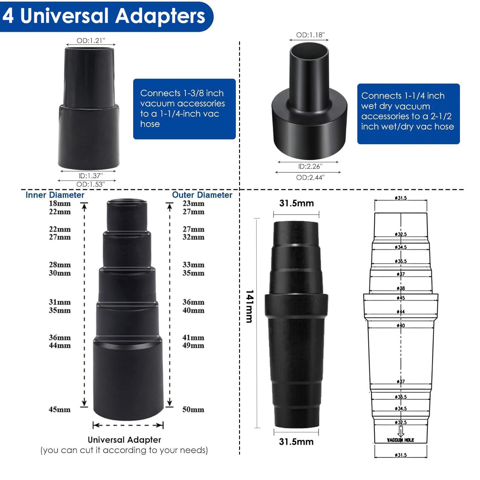Alrens Lot de 14 accessoires universels pour aspirateur et nettoyage domestique, comprend 4 adaptateurs de tuyau d'aspirateur, 3 rallonges d'aspirateur et un suceur plat flexible