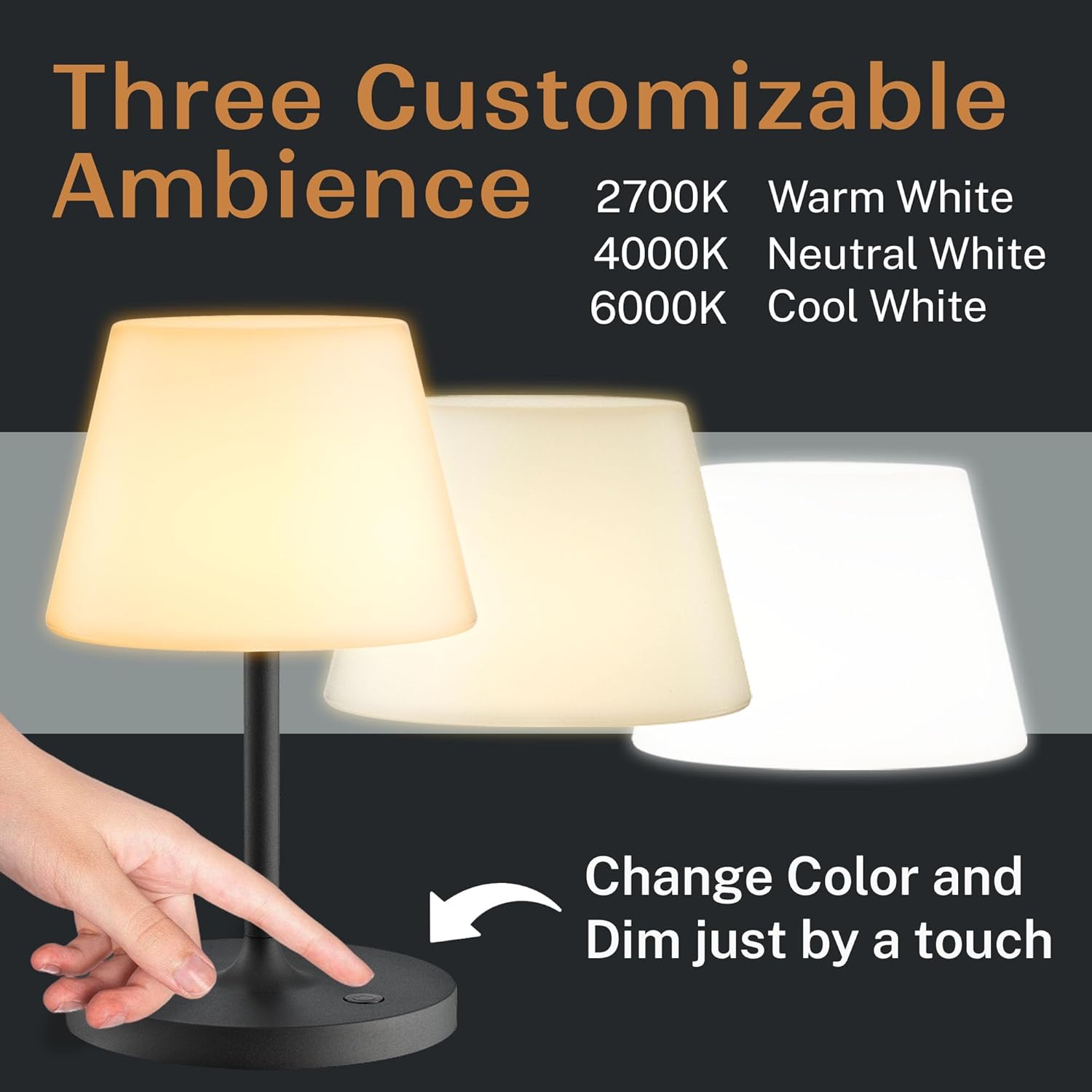 Cordless Lamp, 5000mAh Battery Operated Rechargeable Table Lamp with Power Bank, Touch Dimmable 3 Color Temperatures, IP44 Waterproof Shower Lamp for Kitchen, Bathroom, Indoor Or Outdoor Use 9.6in