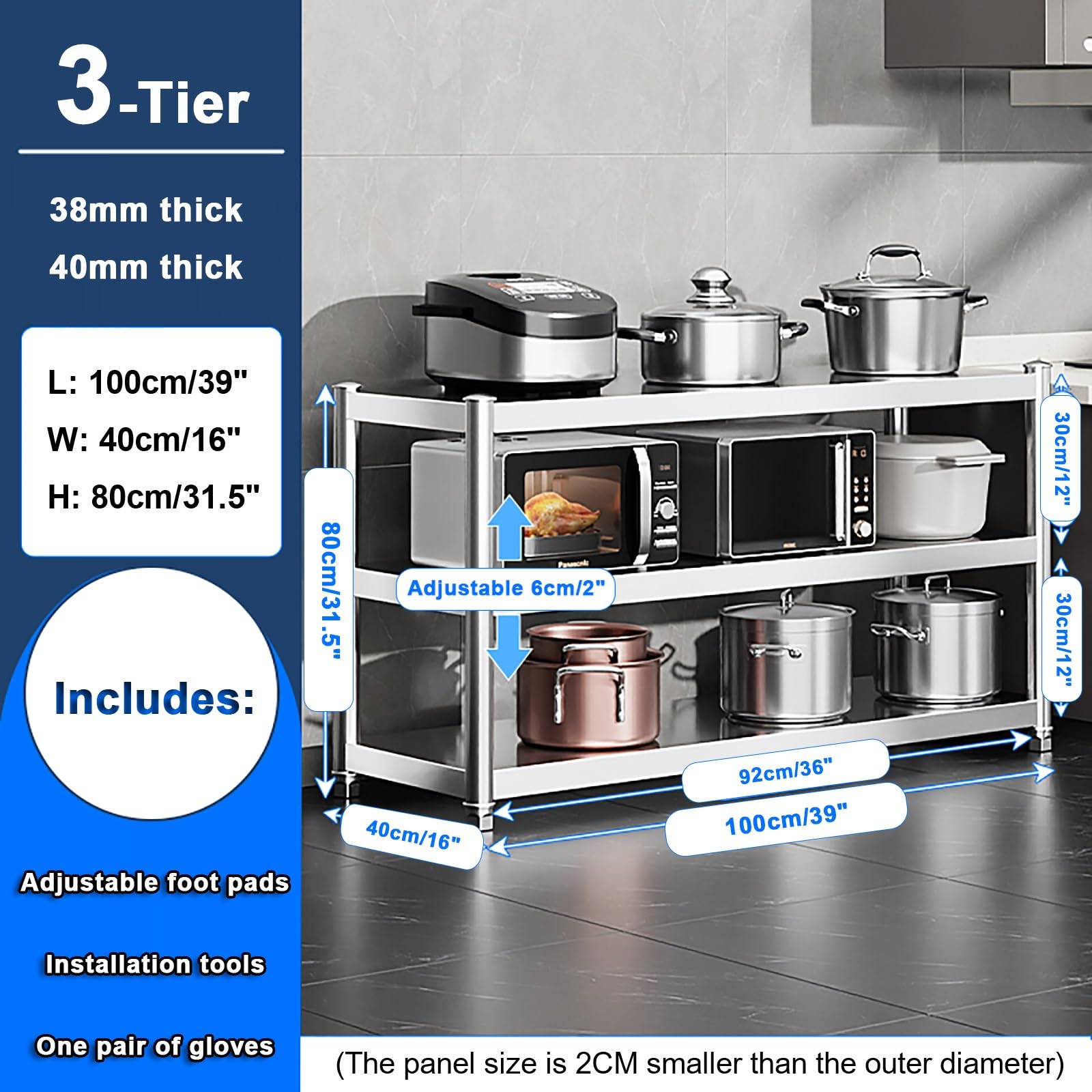 Mesa de preparación de cocina de acero inoxidable de 3 niveles con estación de trabajo con estante para horno de microondas, mesa de cocina resistente (100 x 40 x 90 cm)