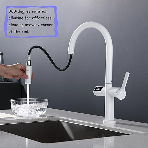 Miniatura 6 de Avola Grifo de fregadero blanco con pantalla de temperatura, grifo de cocina extraíble resistente a la corrosión con pulverizador, grifo de cocina