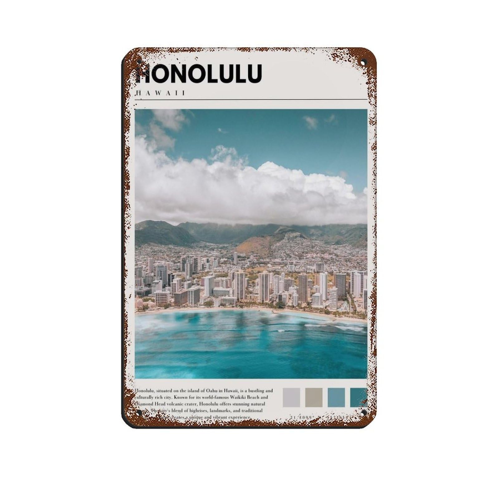 Honolulu Oahu Hawaii Poster Honolulu Hawaii Art Tin Sign Vintage Metal Pub Club Cafe Bar Home Wall Art Decoration Poster Retro 8x12inch(20x30cm)