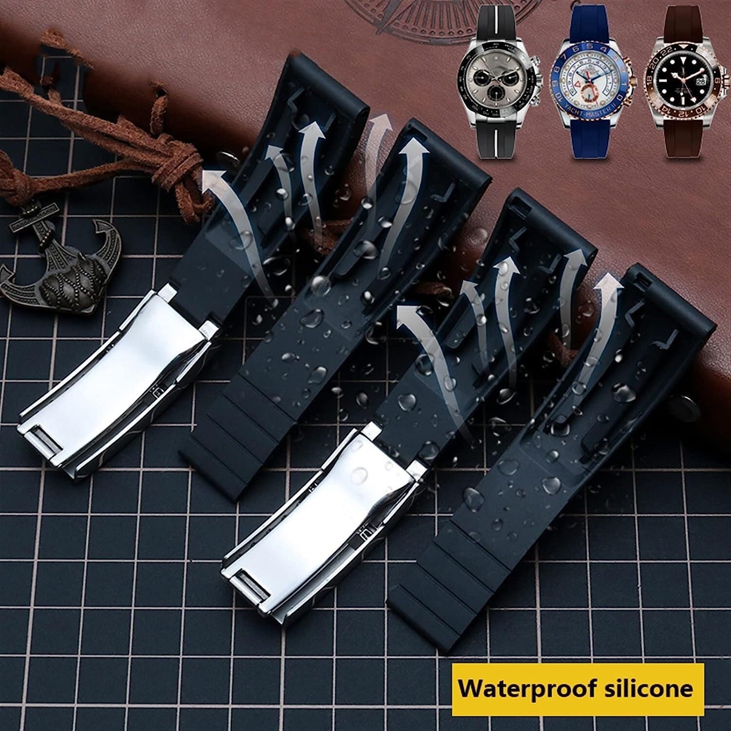 Cinturino in gomma per Rolex Sport Mens Watch Strap con cinturino da polso con fibbia pieghevole 20mm 21mm