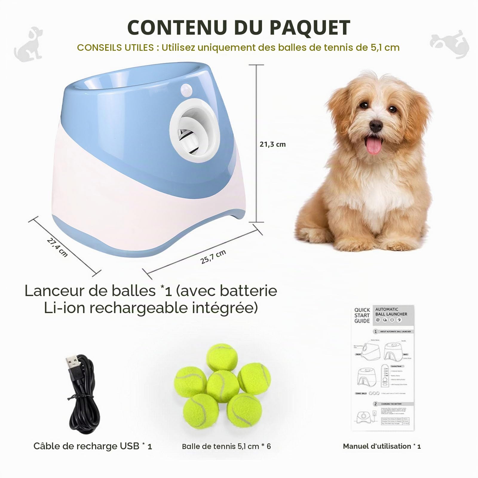 Lanceur de balles automatique pour chien, machine lance-balles avec 6 balles de tennis 5,1 cm, portée 3-9 m