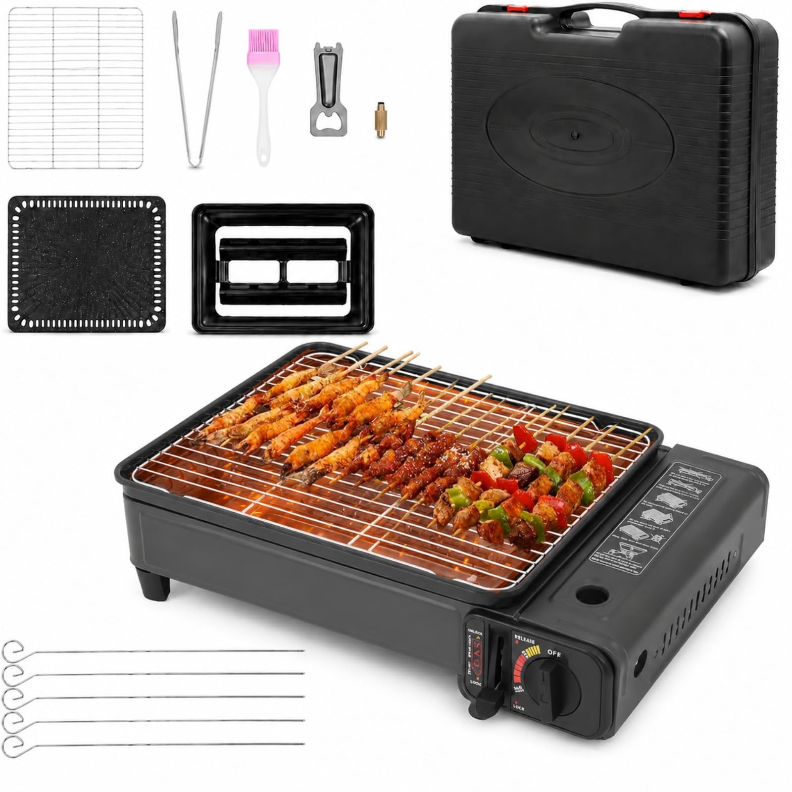 2-in-1 Campingkocher Gasgrill mit Grillplatte und Piezozündung