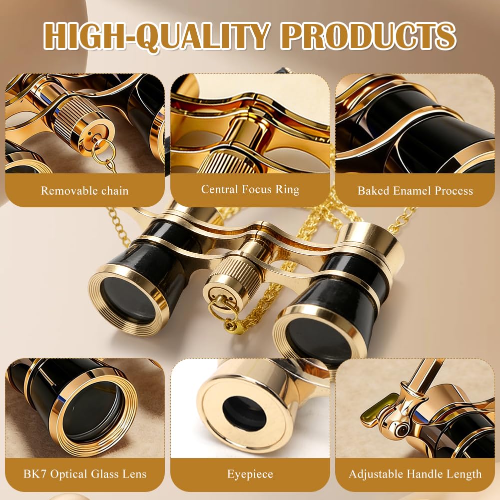 Faltbares Opernglas 3x25 Theaterfernglas Vintage für Damen & Mädchen – Kompaktes Theaterglas mit BK7-Prisma, Metallkette & Tasche – Ideal für Oper, Konzert, Theater & Events (Schwarz)