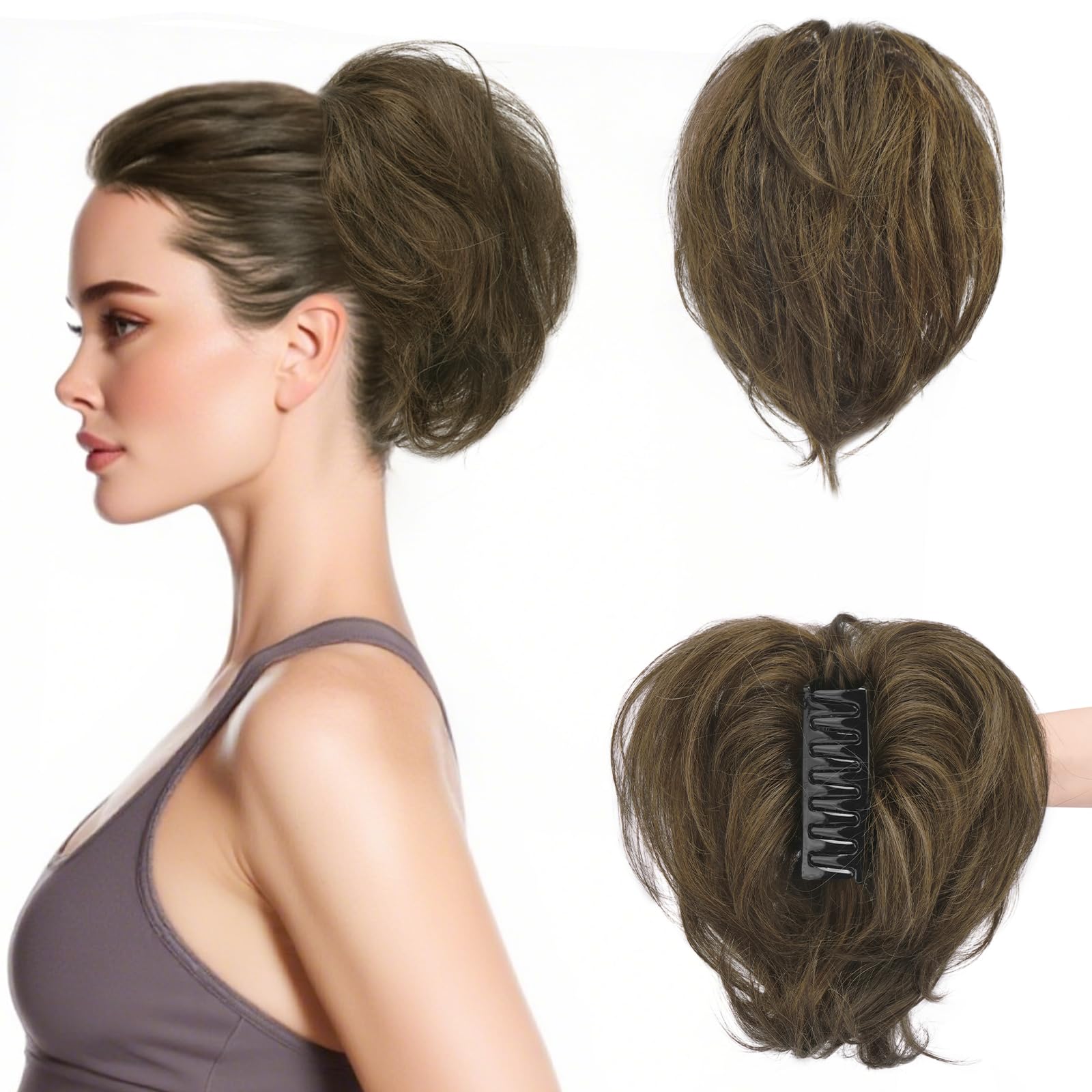 BARSDAR Corto Capelli Veri Coda di Cavallo Extension con Flessibili Metalli, DIY Stili 20cm Clip Artigli Capelli Veri Marrone Mix Messy Chignon Posticci per Donne Spessi Naturale Coda di Cavallo
