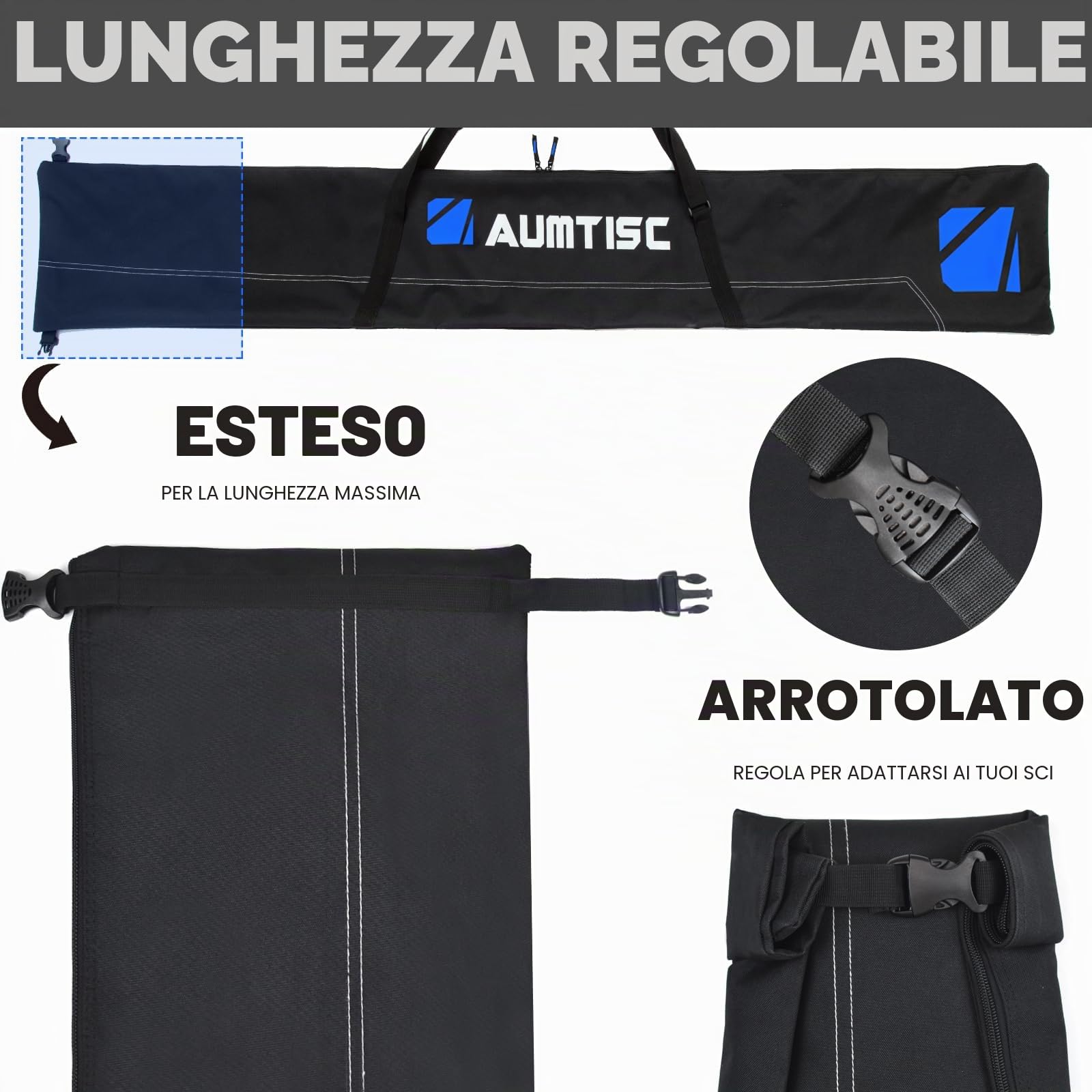 AUMTISC Borsa per Kit da Sci - Borsa per Scarponi Combinata e Imbottita per 1 Paio di Scarponi - Borsa da Sci Regolabile Fino a 200 cm