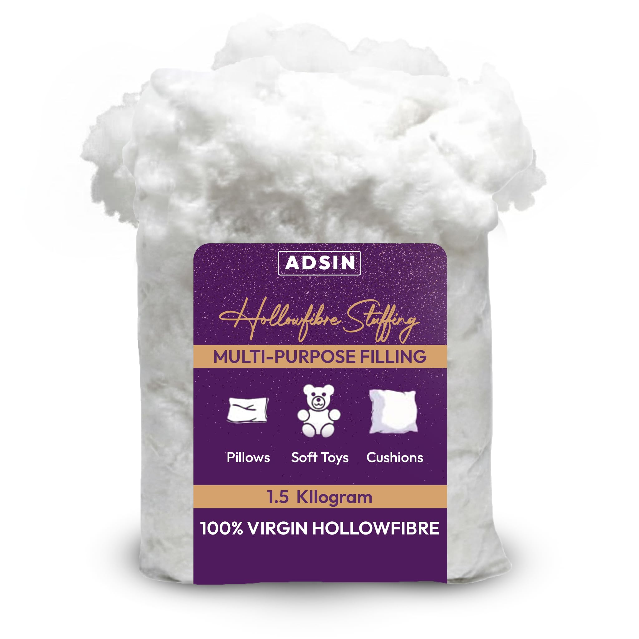 Adsin Hollwofibre Stuffing Grade Filling For Pillows, Cushions, Knitted Toys, Sofas, Teddy Bears All-Purpose Bounce Back Hypoallergenic Lightweight Stuffing (1.5-Kg)