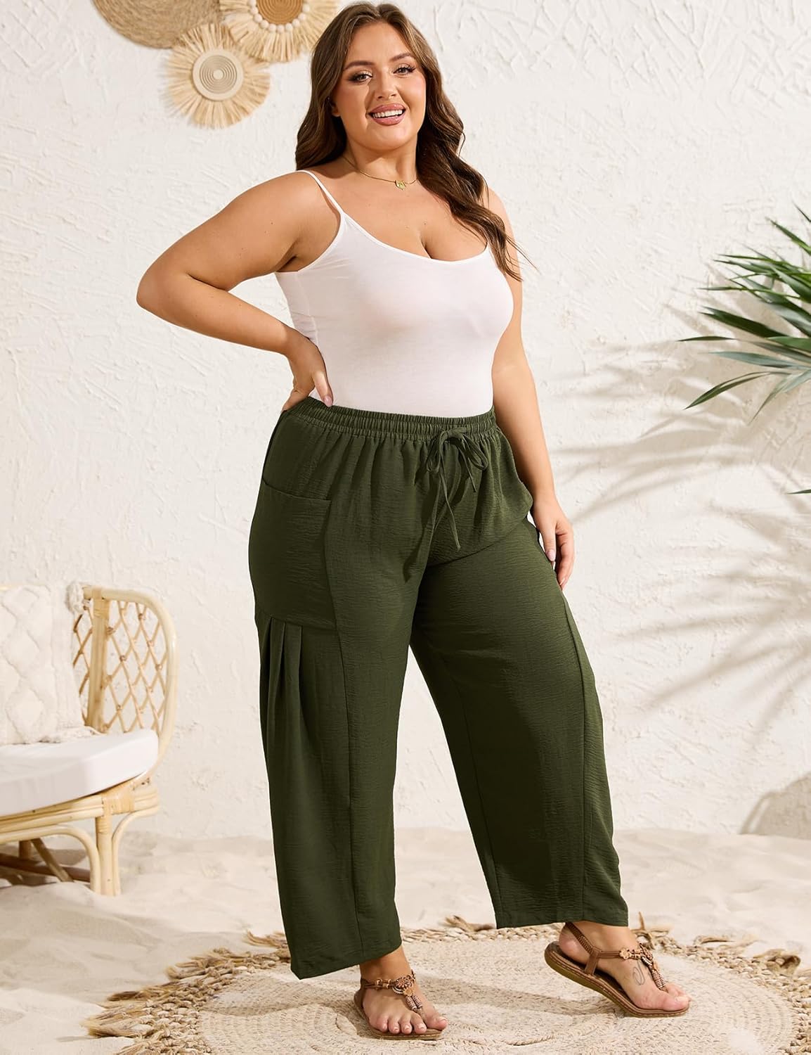 Plus Size Pants for Women Palazzo Harem Drawstring Lantern Pants Summer Ankle Beach Trousers with Pockets - Image 4