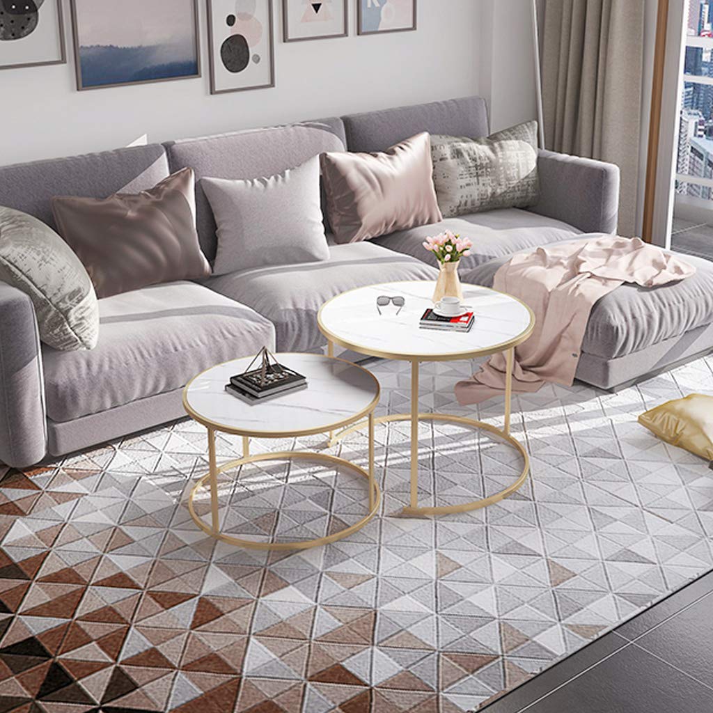 Lot de 2 tables gigognes modernes blanches/dorées avec panneaux à base de bois et base en métal