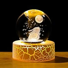 Movdyka Crystal 3D Rabbit with Moon 2.36in Ball Figurine Gifts for Women Glass Animal Art for Room with Warm Light Base Keepsake for Bunny Lovers Home Ornaments