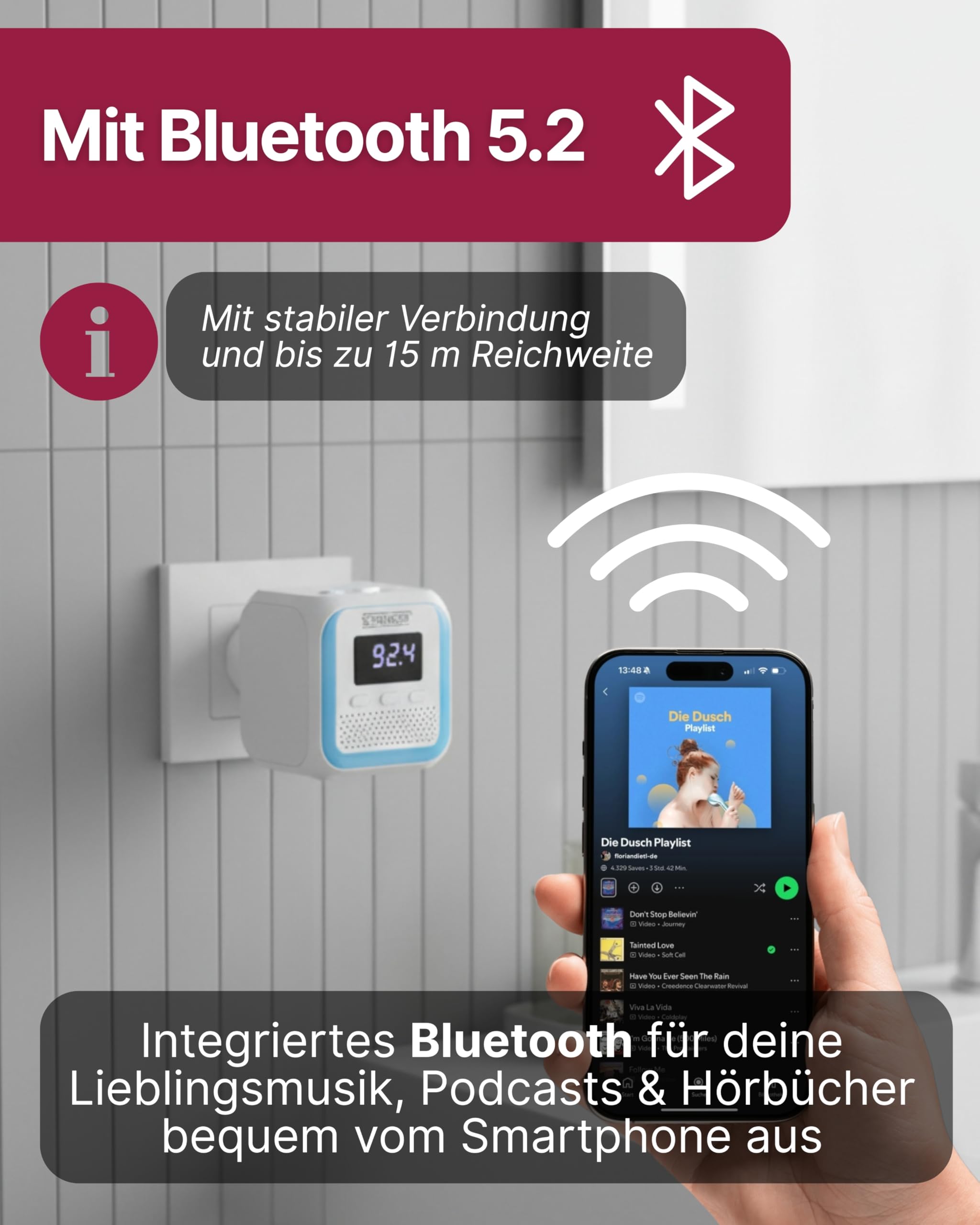 SCHWAIGER Steckdosenradio I Radiowecker für kabellose Musik I mit Lichtsensor & Beleuchtung I UKW-Radio mit Bluetooth 5.2 I Uhrzeitangabe & Weckerfunktion I für Badezimmer, Küche & Schlafzimmer
