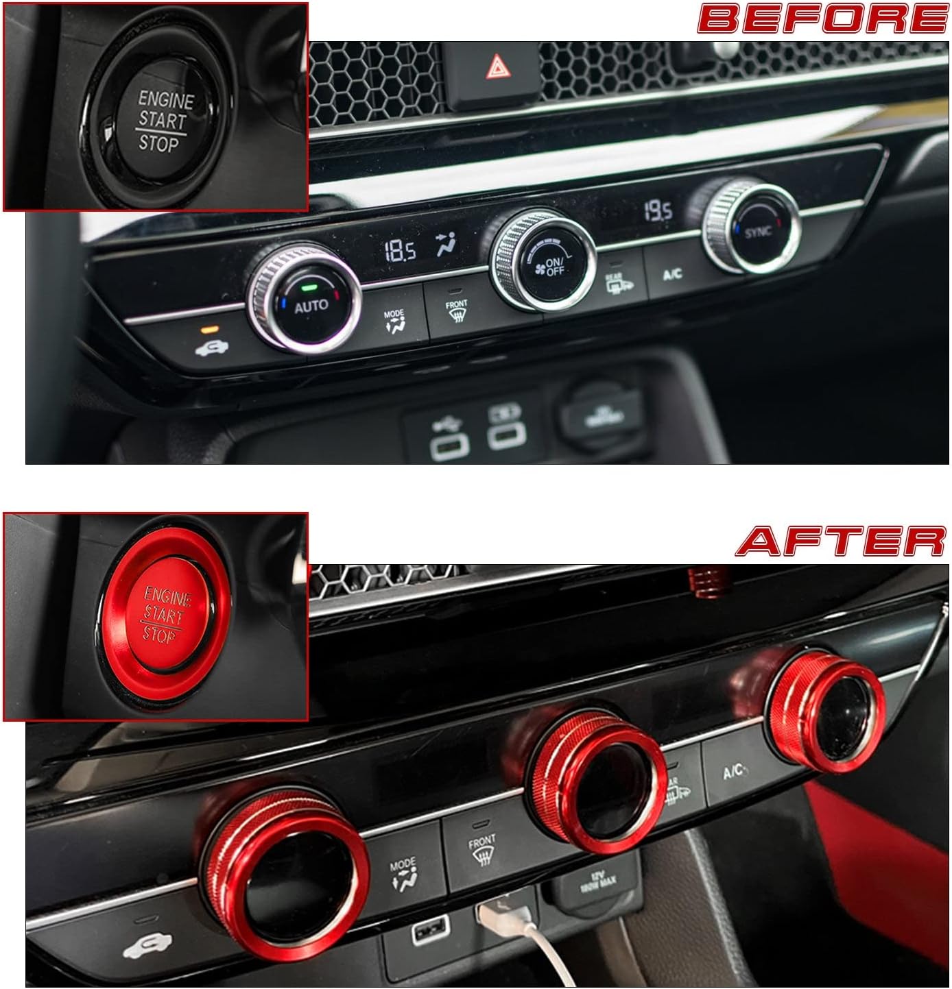 x xotic tech Red Aluminum Alloy AC Climate Knob Switch + AC Air Vent Knob + Navigation Knob Ring Combo Cover Trim, Compatible with Honda Civic 2022-2024 2025 2026, CRV or Acura Integra 2023 2024 2025