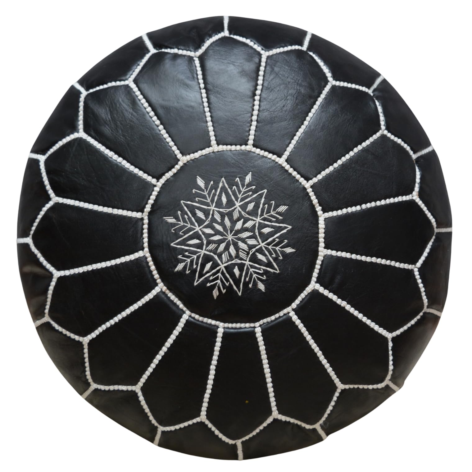 moroccan poufs Genuine Leather Pouf Ottoman Cover, footrest - Hassock Footstool with Storage for Living Room, Round pouffe poufs Poof, Poofy Ottoman - Boho Moroccan Decor for Home - Unstuffed (Black)