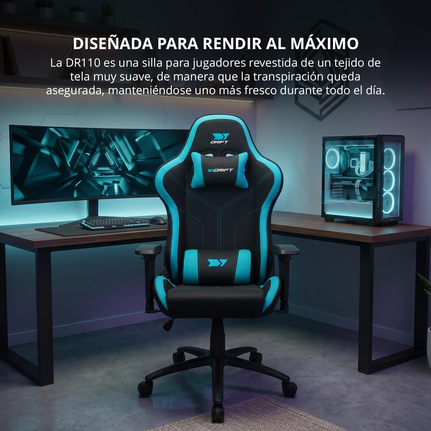 DRIFT GAMING DR110 - Silla Gaming Profesional, Tejido Fabric Alta transpirabilidad, reposabrazos 4D, Ruedas silenciosas, pistón Clase 4, inclinación, cojín Lumbar y Cervical, Color Negro/Azul