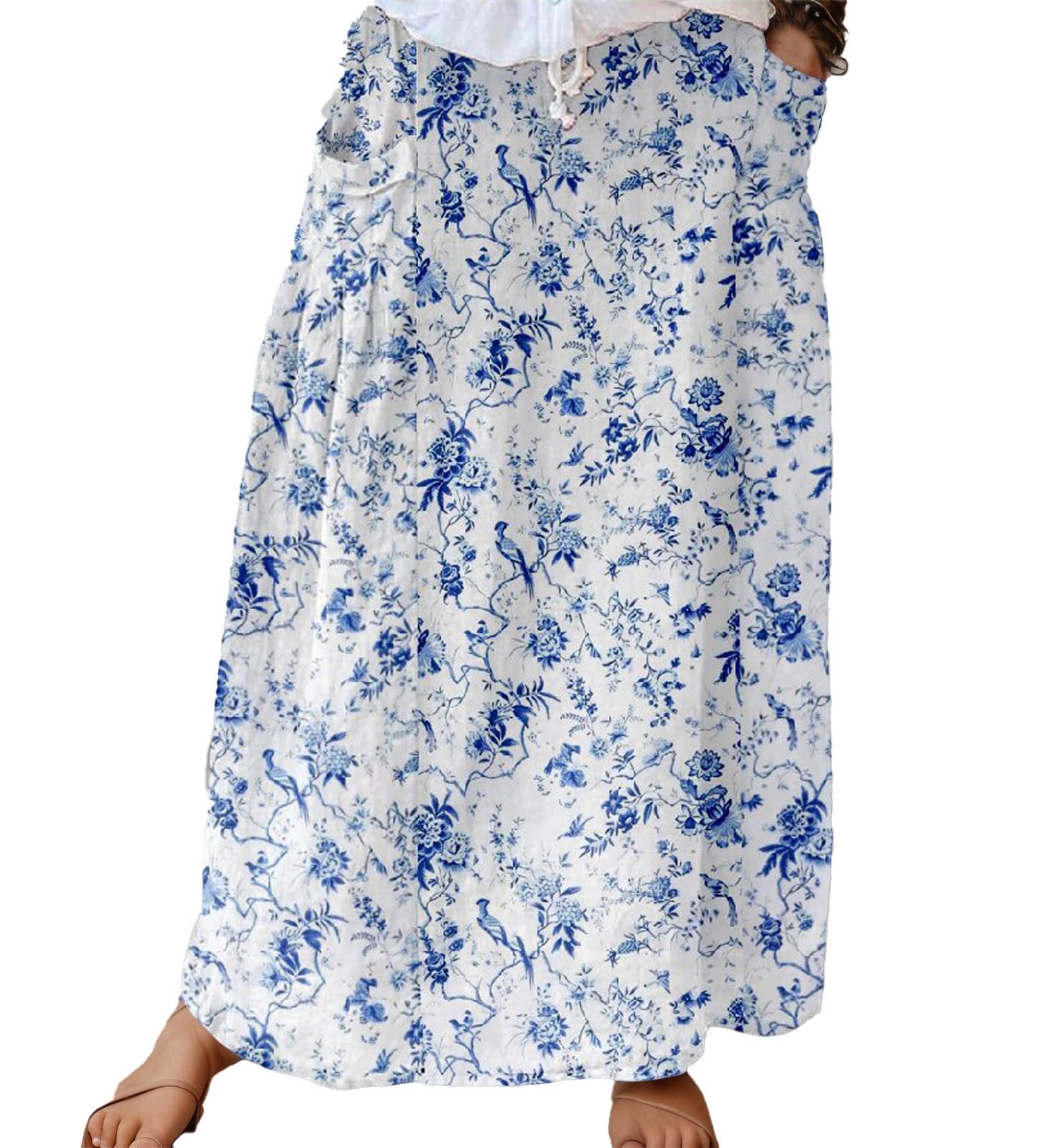 Linen Maxi Skirts for Women Boho Floral Striped High Waisted Casual Long Skirt with Pockets