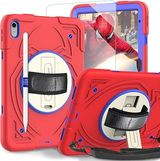 AVAWO iPad 10th Generation Case 10.9 Inch 2022, iPad 10.9 Cover, [Tempered Glass Film] [Shoulder Strap] [360°Rotating] Kickstand Shockproof Kids Child Case for iPad 10th Gen 10.9" 2022, Red