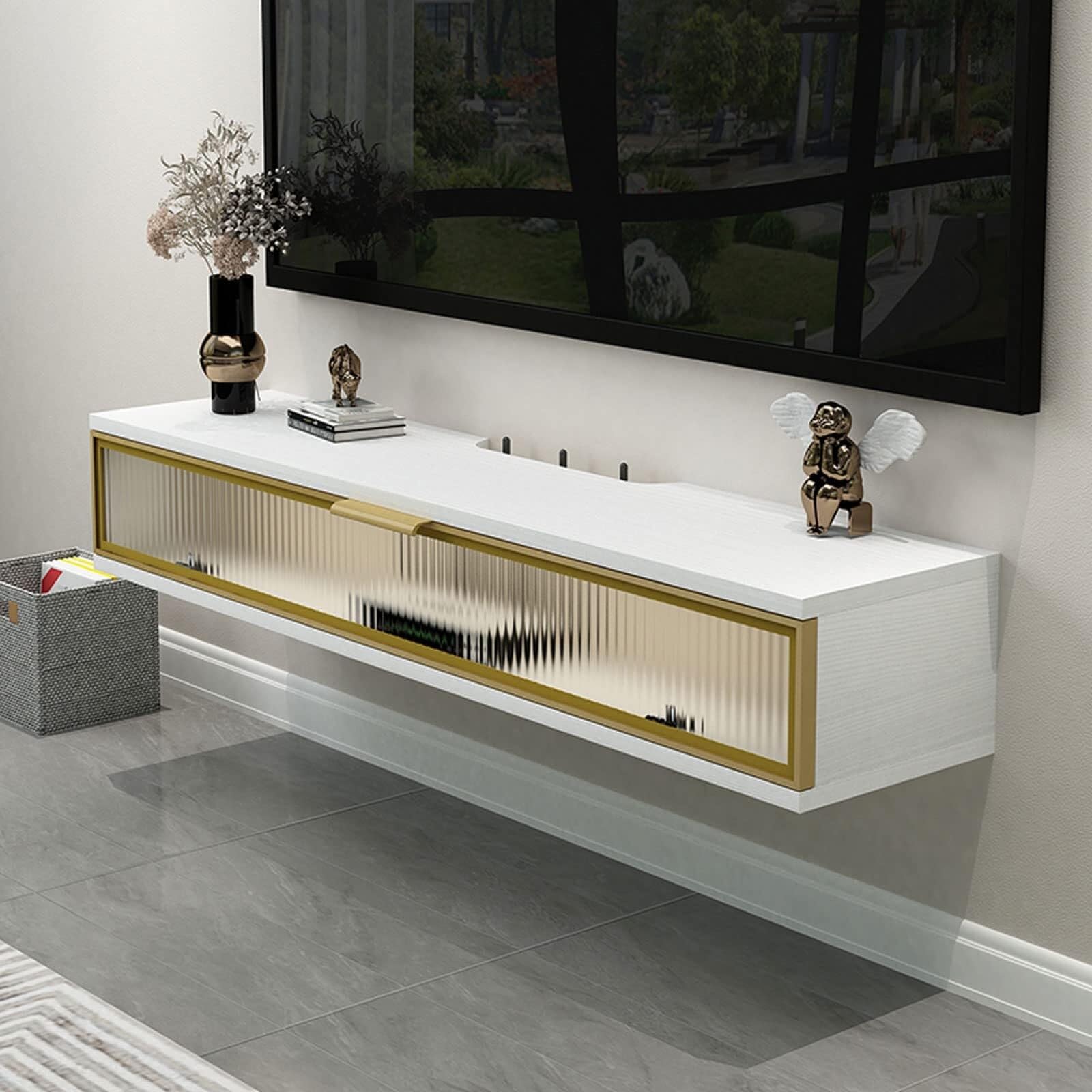 Meuble TV mural blanc en bois avec rangement pour salon