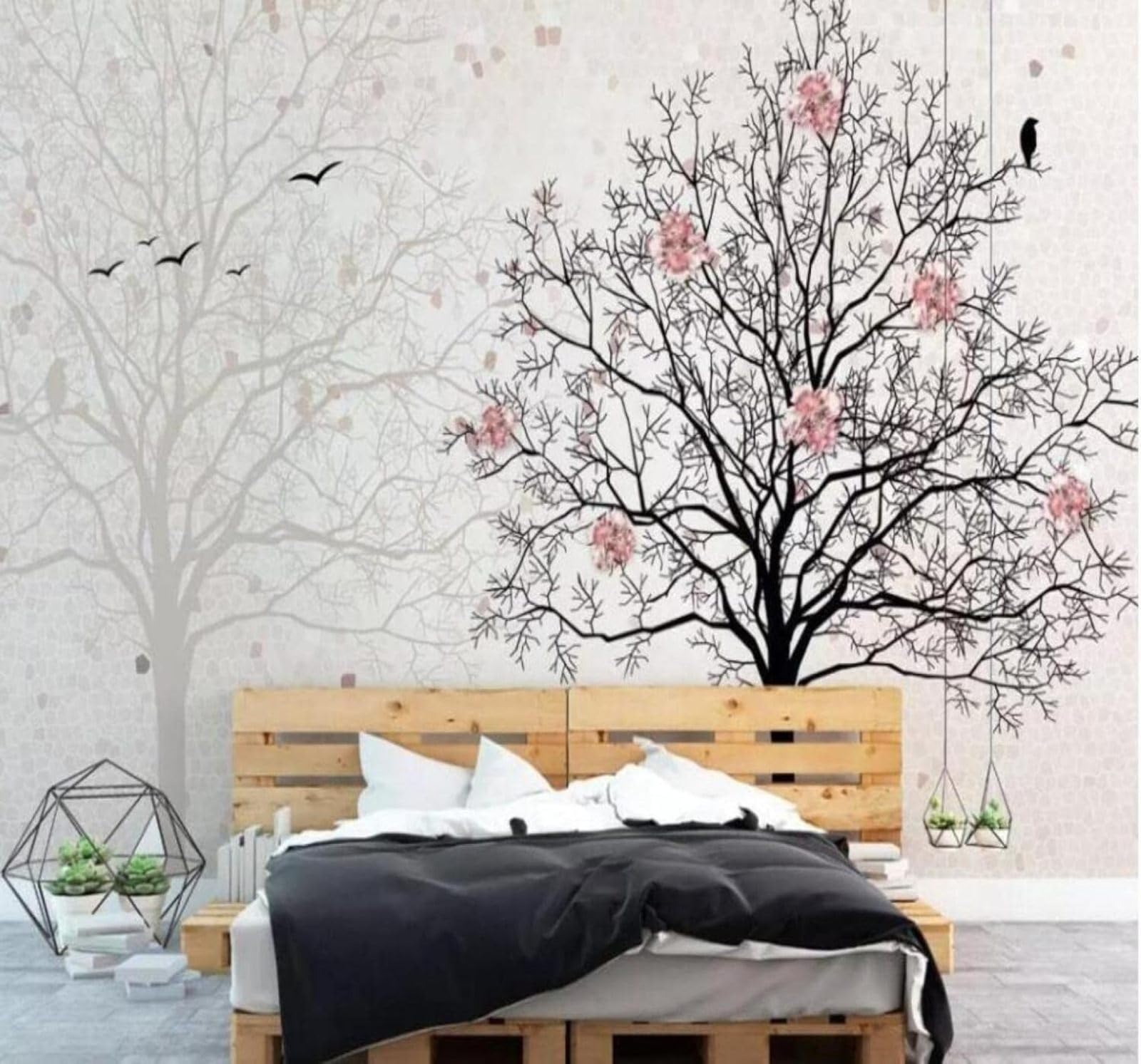 Xlming 430Cm×300Cm(B×H) Hand Drawn Flowers Large Trees Birds In Flight Landscape 3D Wallpaper Luxury Silk Study Dining Feature Sofa Grey Bedroom Living Room Tv Decorative Wall-430Cm×300Cm