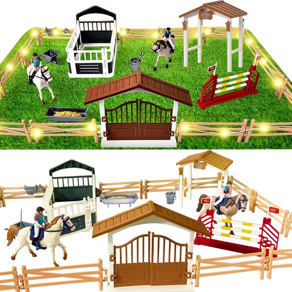 HuaMuDM Horse Stable Toy Horses, Horse Club Toy, Horse Paddle Horse Stable, Horse Stable Toy Set with LED Light, Horse Stable Toy with Horse Figures, Horse Play Set Horse Paddle