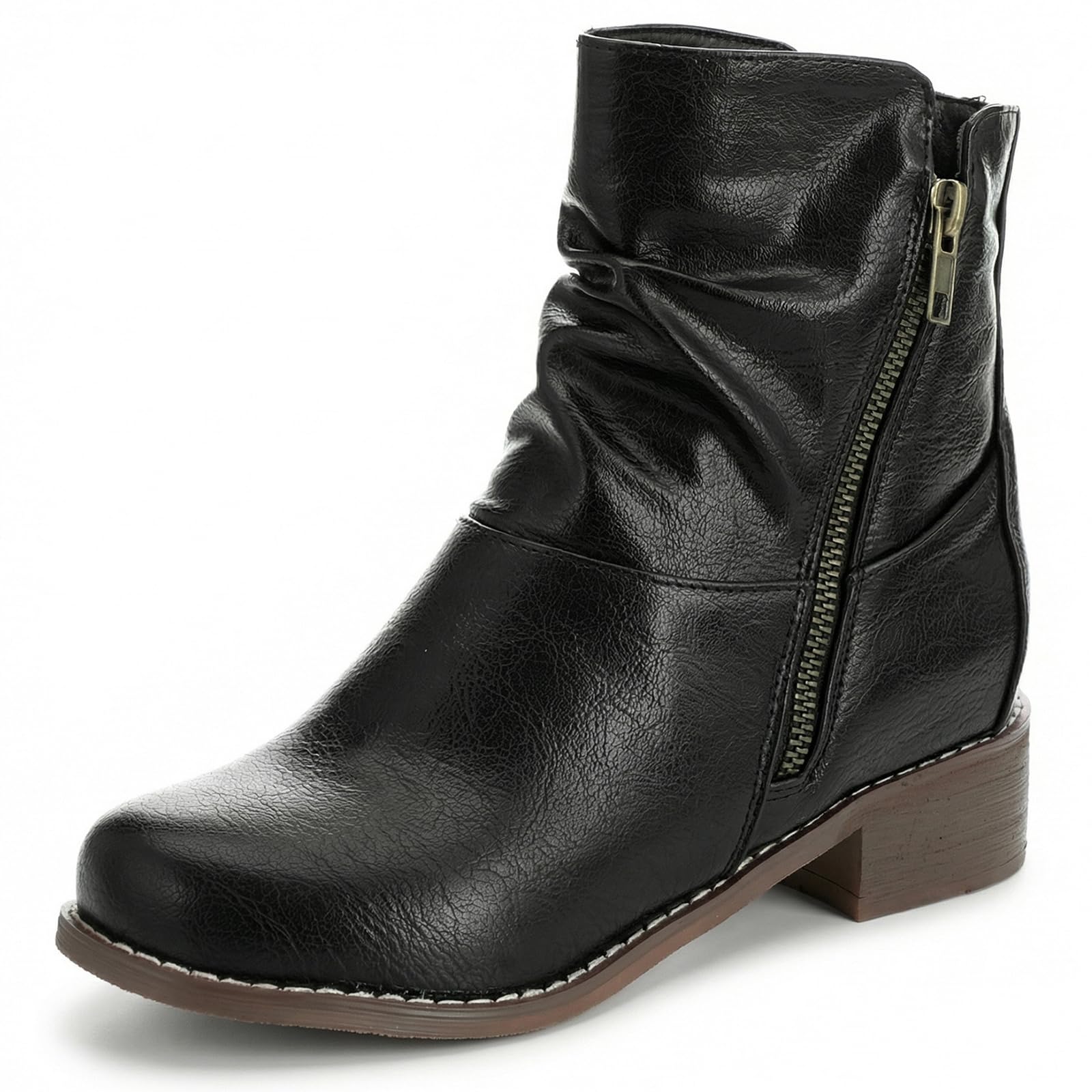 Botines Motero Mujer Fruncidos Tacón Bloque Bajo Cremallera Lateral