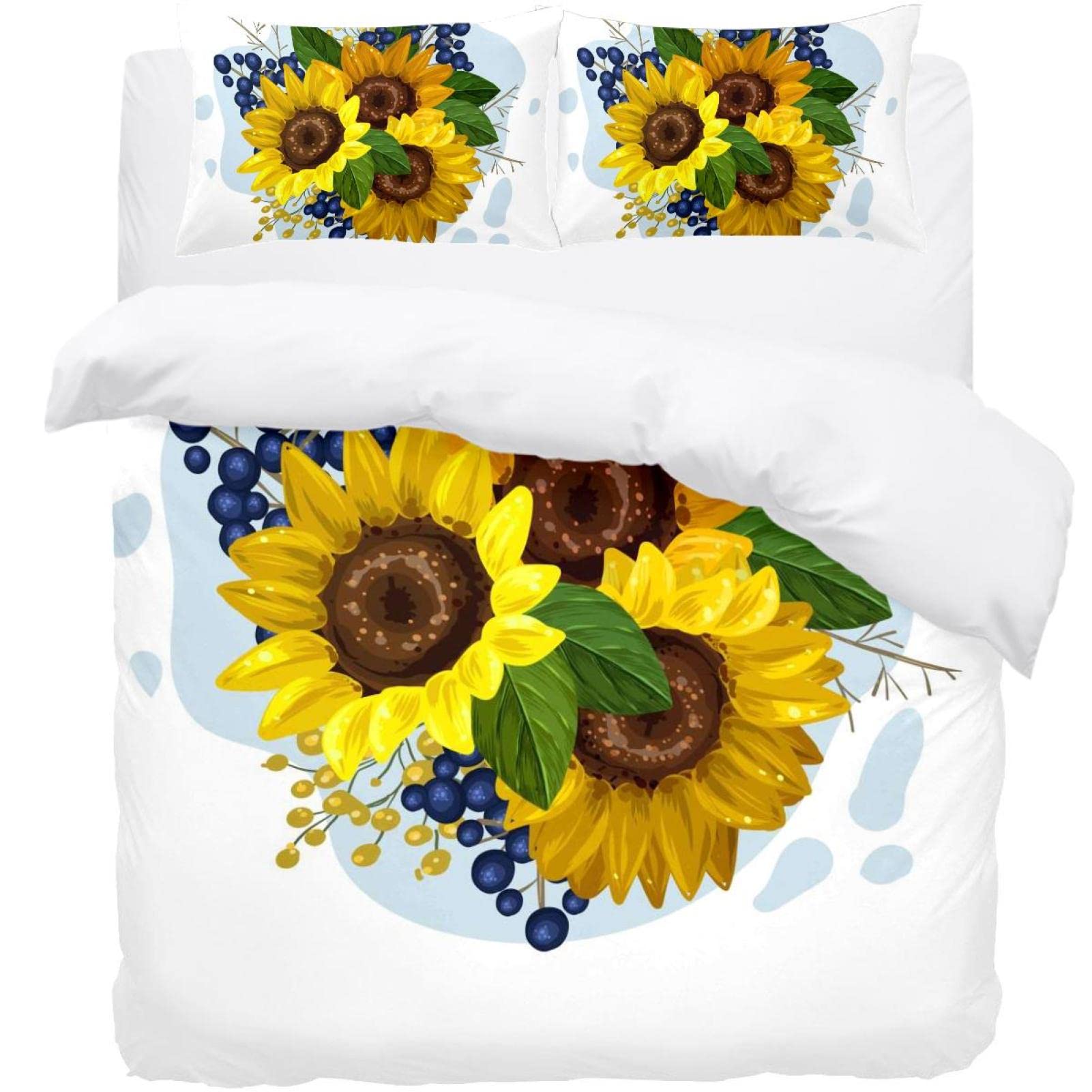 Parure de lit vintage tournesol fleurie : housse de couette rétro 2 personnes avec taies